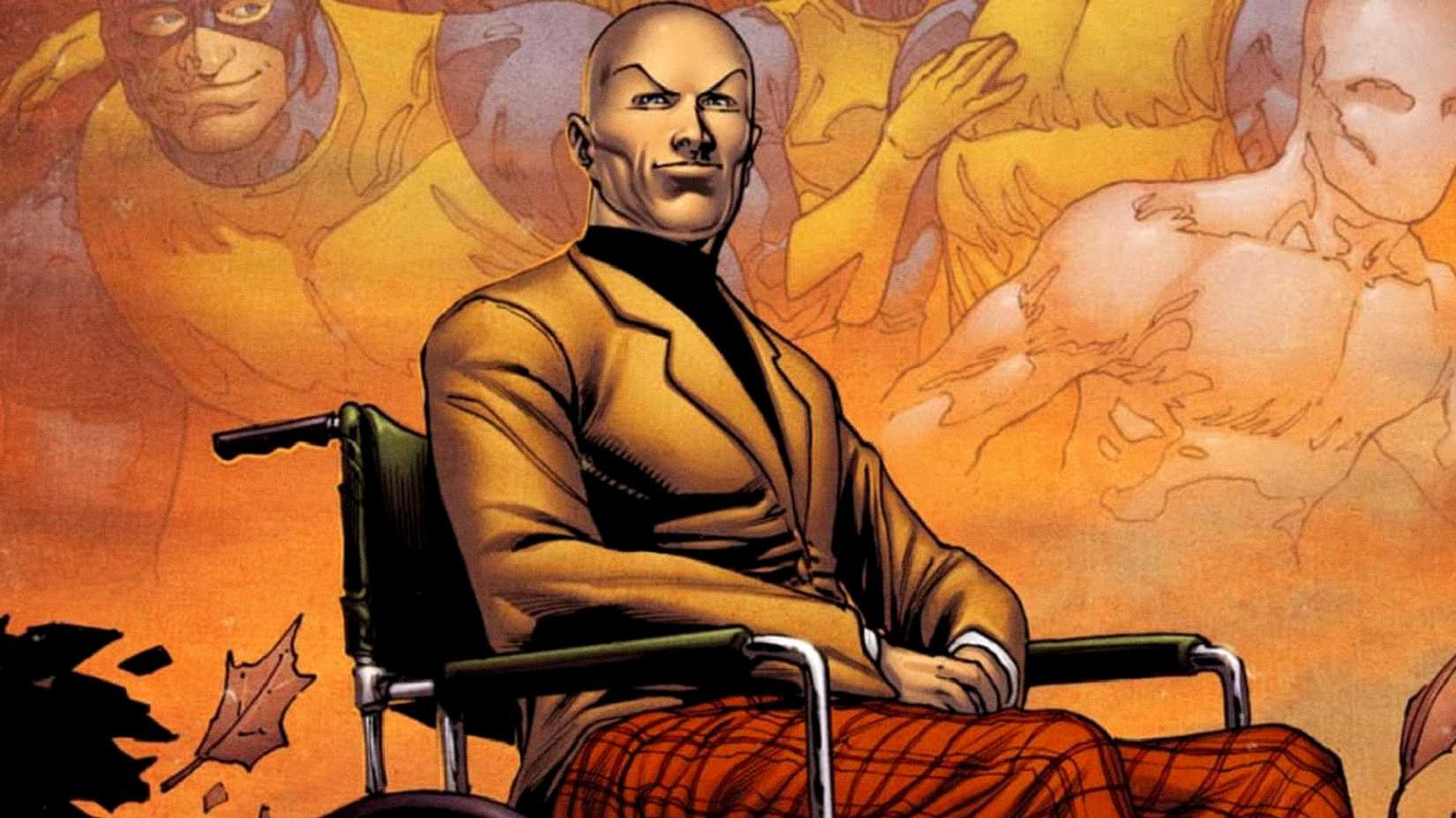 Charles Xavier aka Professor X sits on his wheelchair and smiles