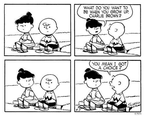 Charlie Brown asks if he has a choice about his future in Peanuts comic