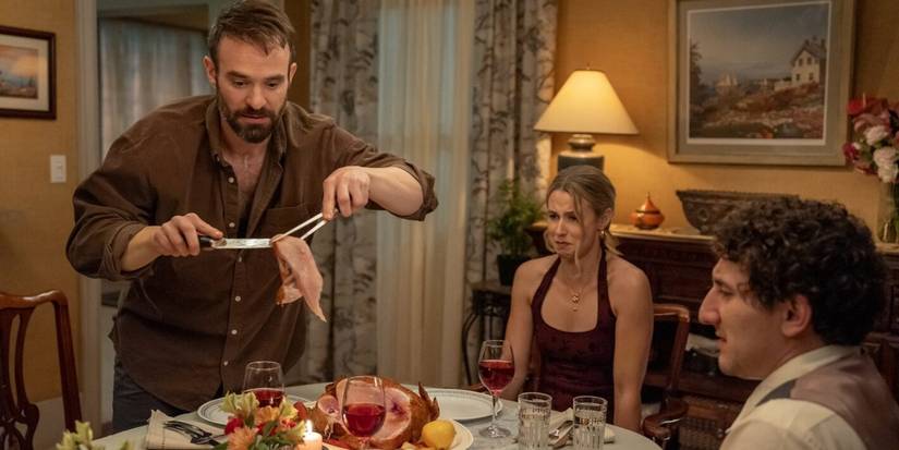 Charlie Cox carving a raw chicken in Adults