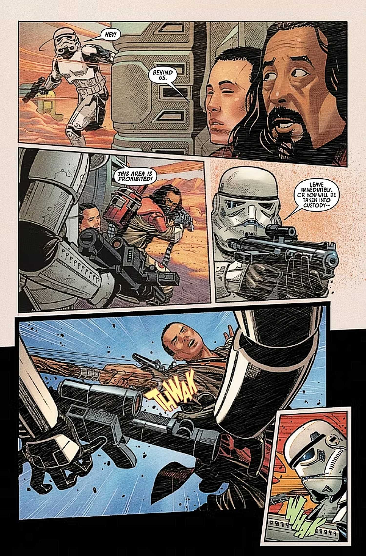 Chirrut and Baze #1, a stormtrooper sneaks up on the duo and Chirrut takes him out