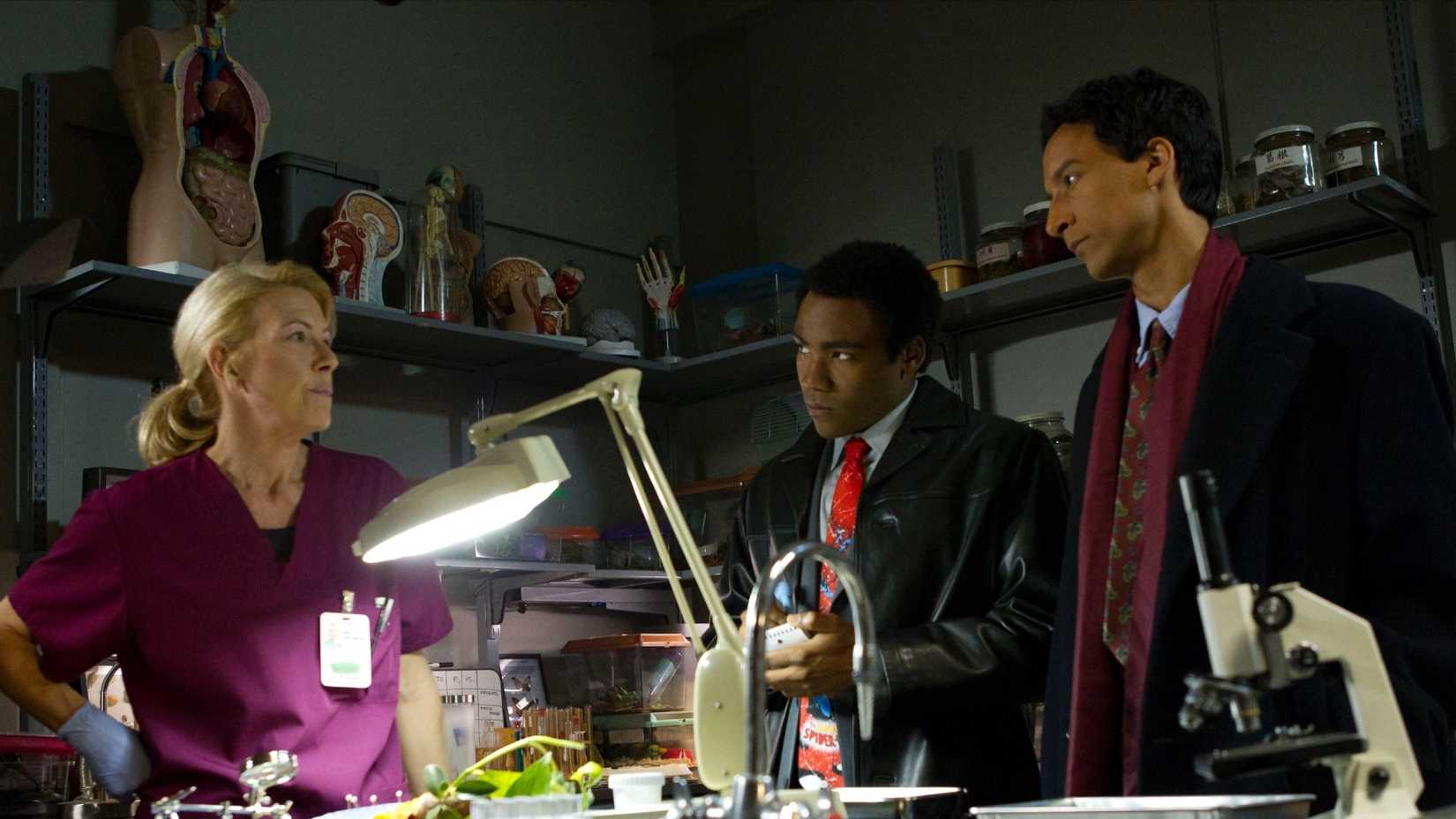 A woman and two men in Community's Law & Order parody