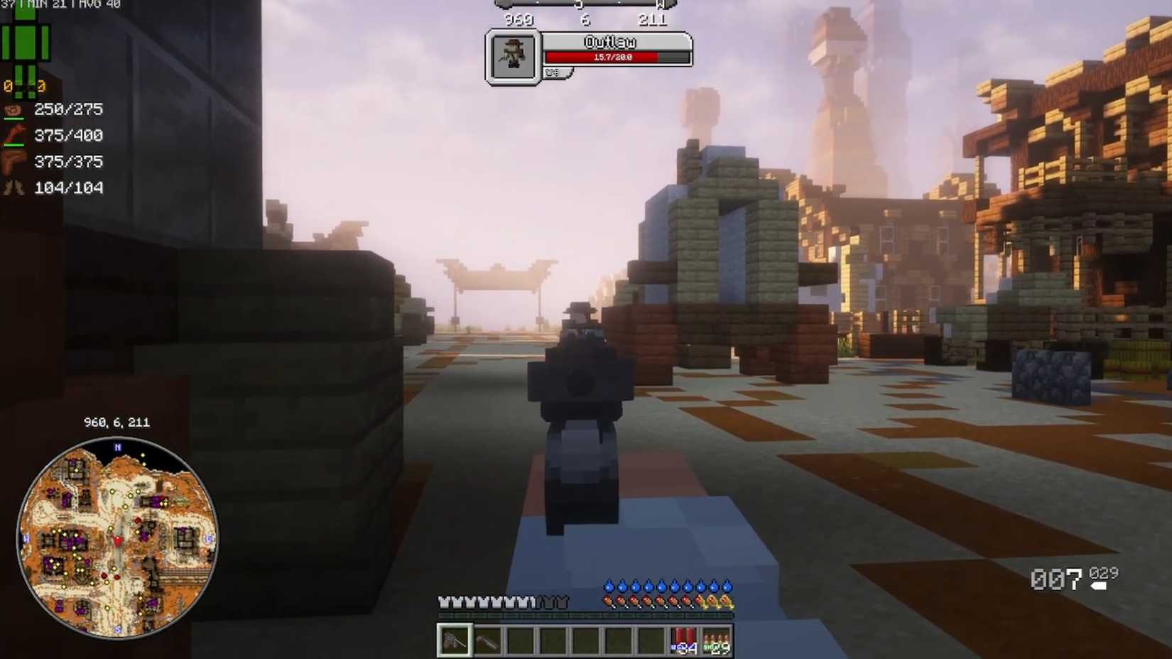 The player shooting an outlaw in the Minecraft modpack Craft of Redemption.
