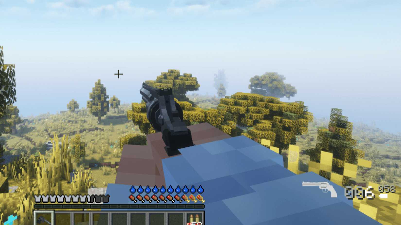 The player pointing a gun in the Minecraft modpack Craft of Redemption.
