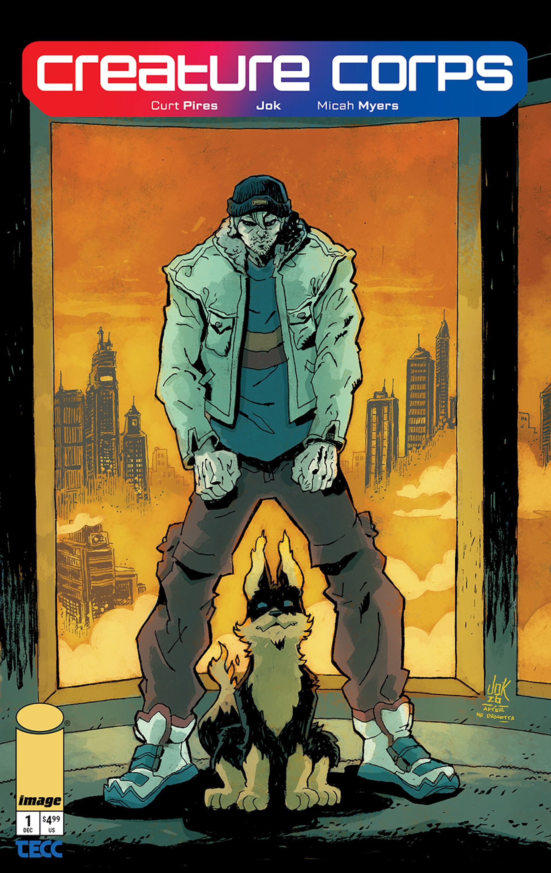 Rusty standing behind a dog-like Creature Corps monster
