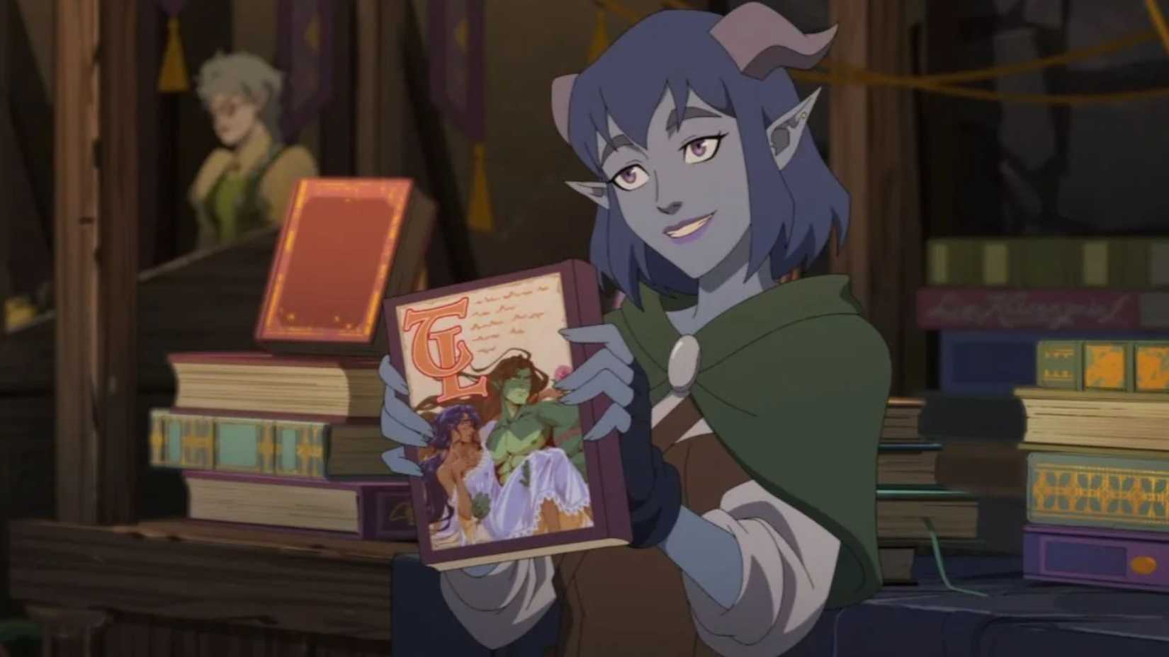 Critical Role Jester Lavorre holding up Tusk Love in The Mighty Nein