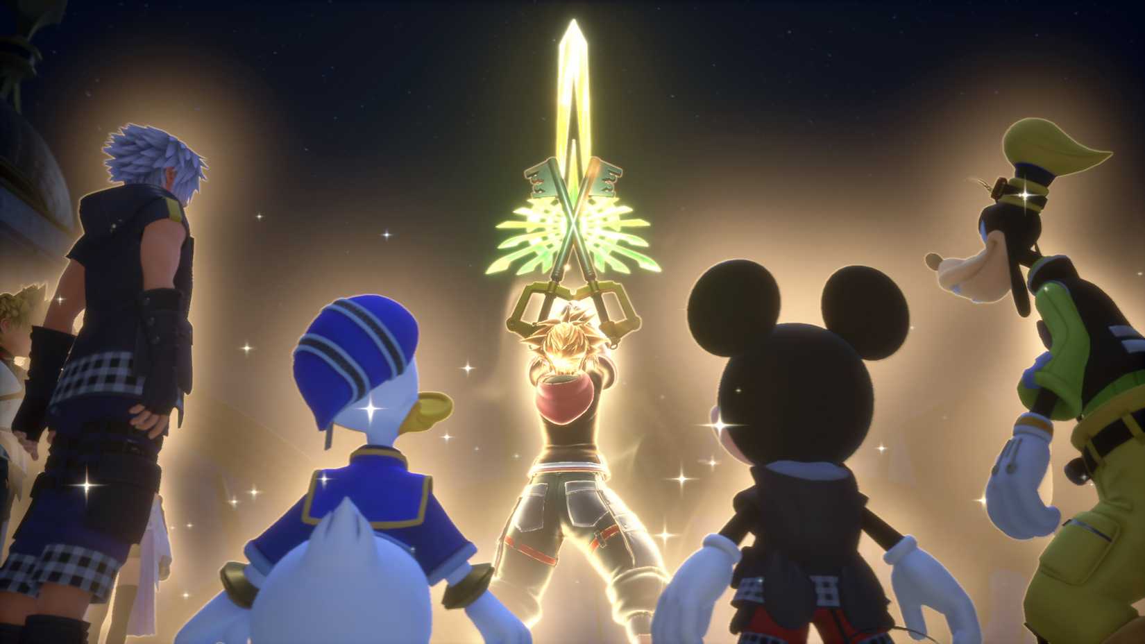 Riku, Donald, Mickey, and Goofy watching Sora hold the Ultimate Keyblade in Kingdom Hearts 3
