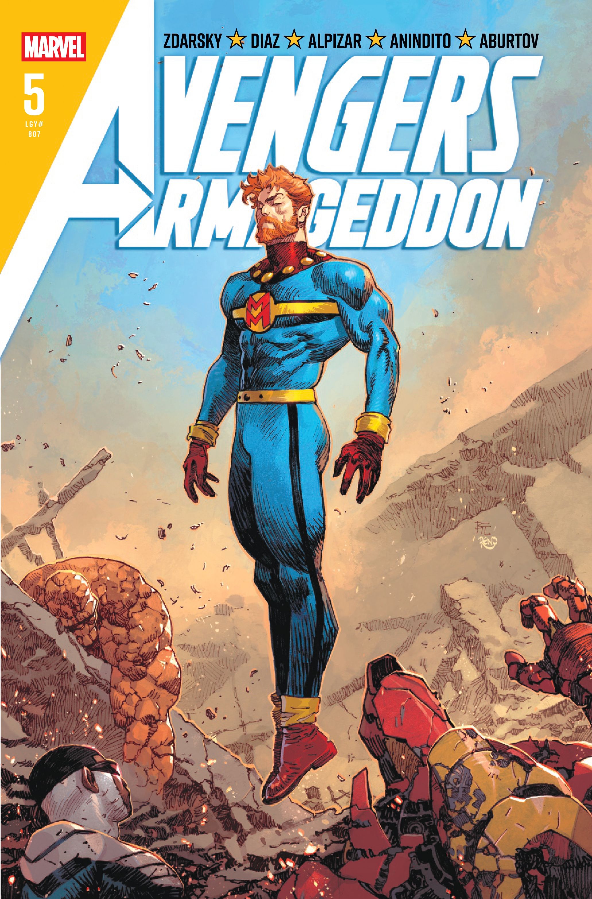 David Colton hovers above the heroes as Miracleman in Avengers Armageddon #5