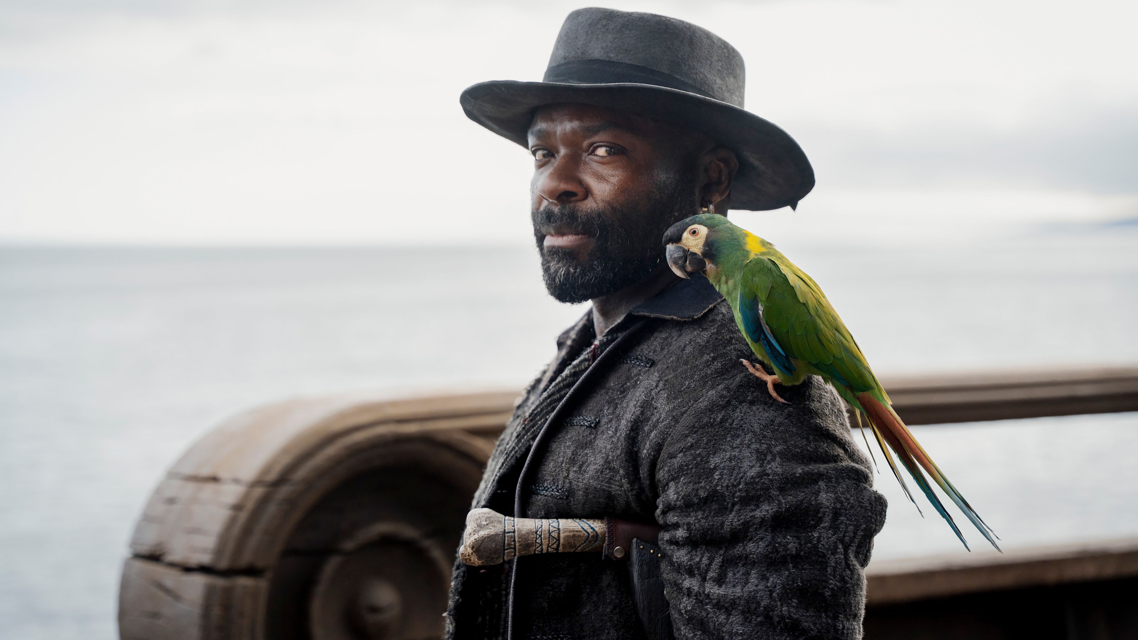 David Oyelowo's Captain Long John Silver looking toward the camera with his parrot on his shoulder in Treasure Island