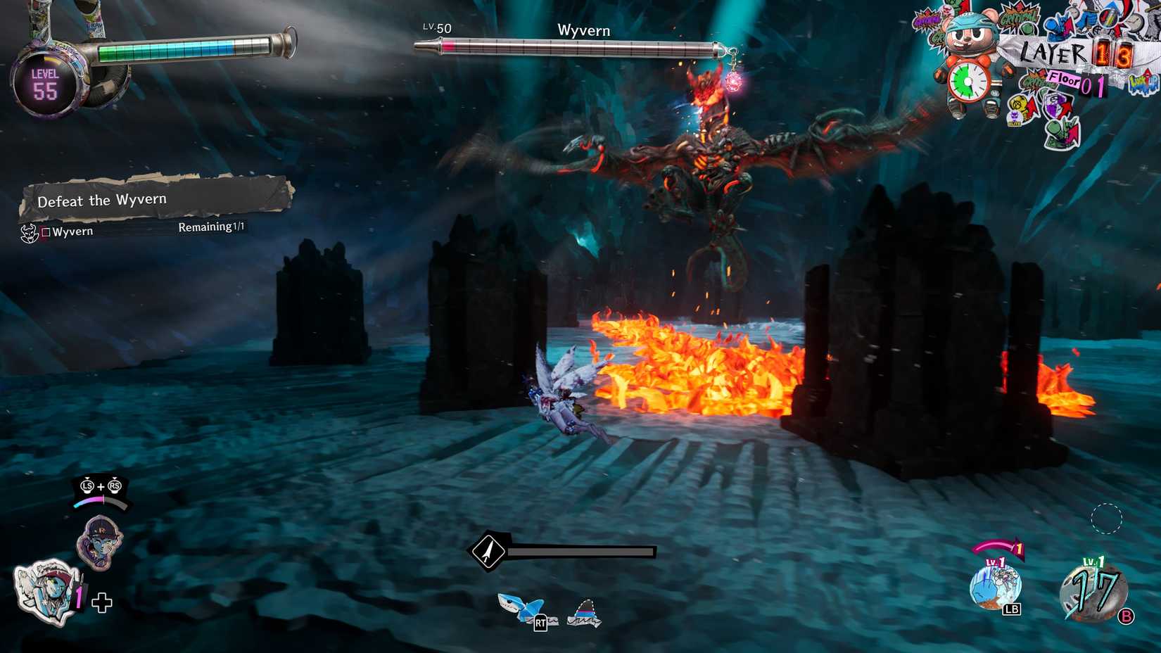 Davy in snow fairy form faces off against the Wyvern boss in Stupid Never Dies