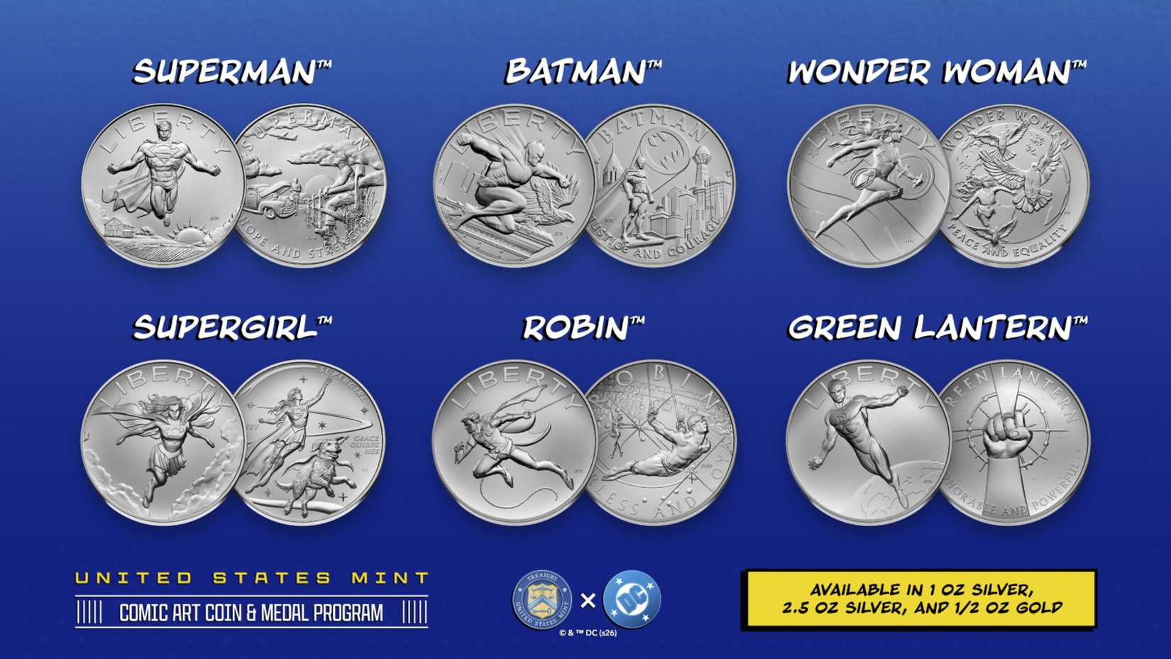 A set of 6 Justice League coins, each depicting a unique DC hero in a heroic pose.