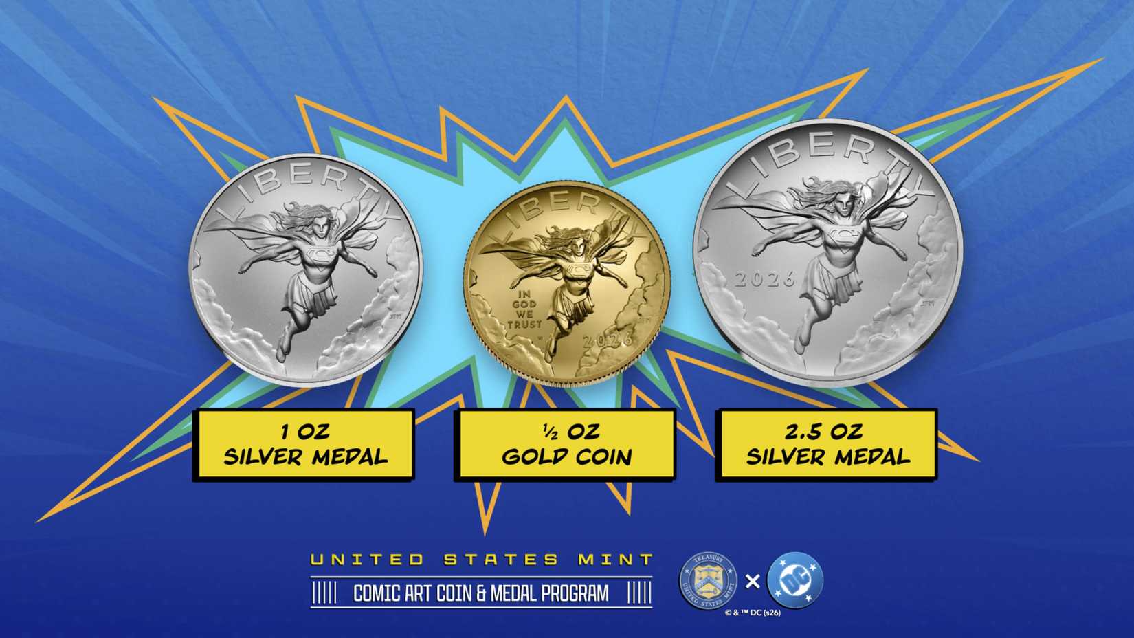 A set of 3 coins, each depicting Supergirl flying with the word liberty above her.