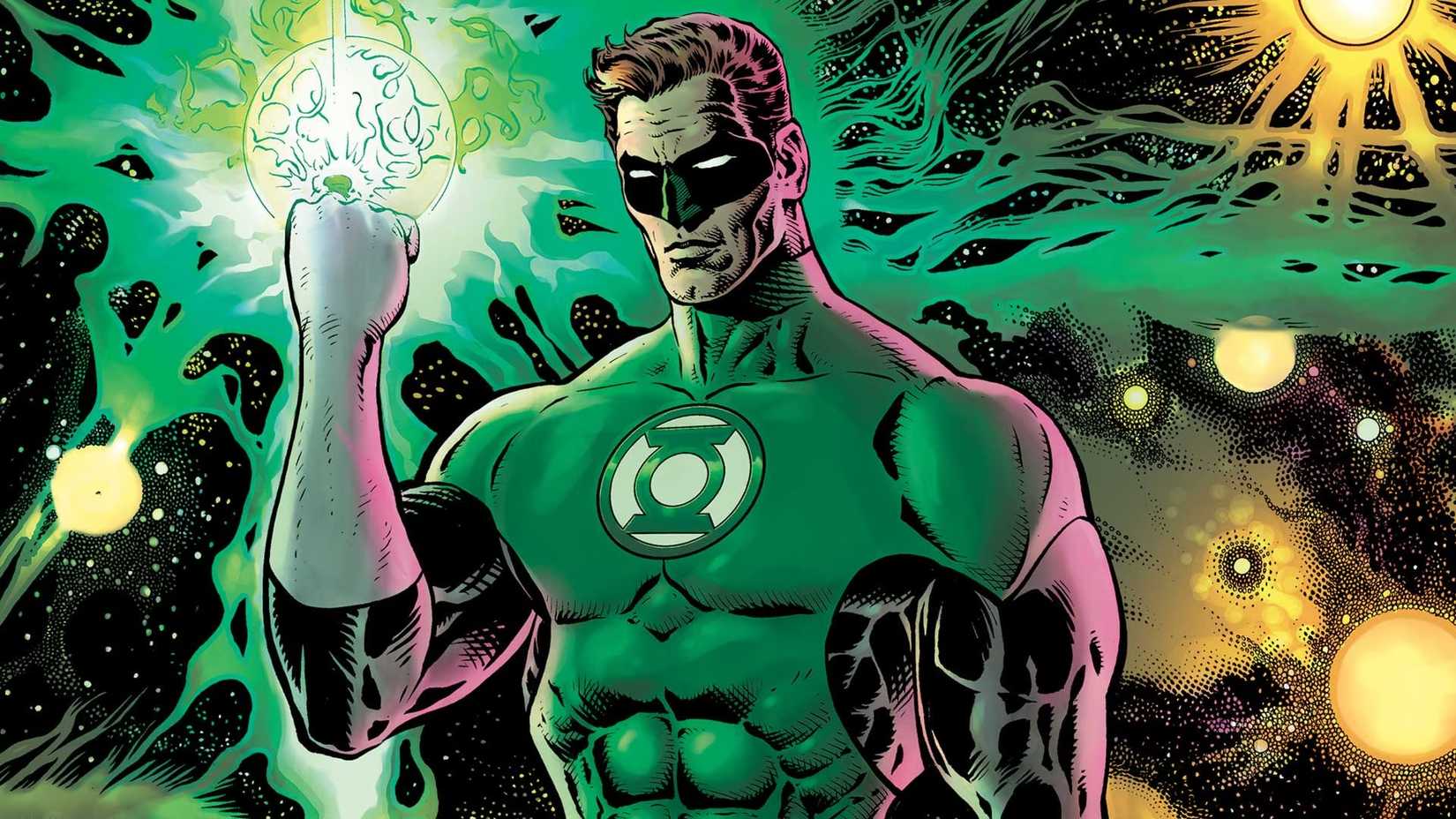 Hal Jordan holding up his powered ring, with green and yellow abstract shapes behind him