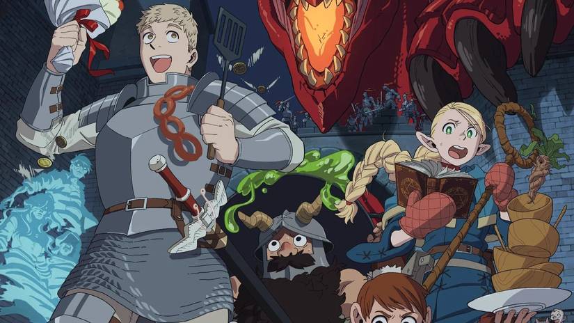 Delicious in Dungeon's characters run away from a dragon
