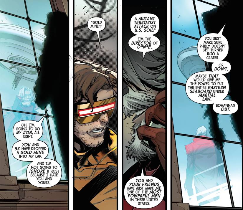 DNX #3, Cyclops and Crimson Commando have a tense telephone exchange