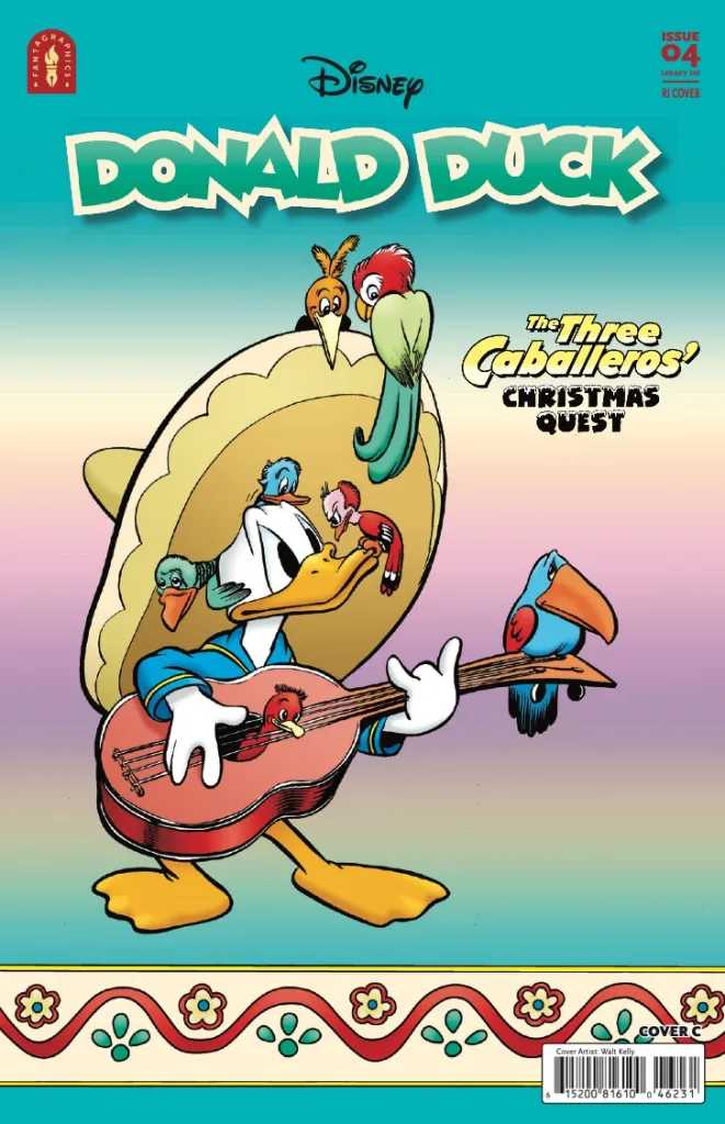 Donald Duck plays the guitar surrounded by birds