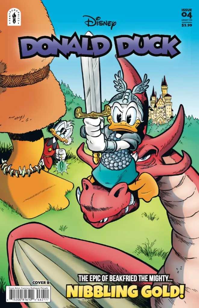 Donald Duck wields a sword sitting on a dragon's head