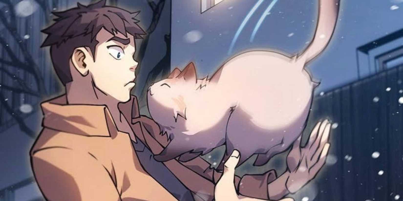 Donut jumping into Carl's arms in the Dungeon Crawler Carl webtoon