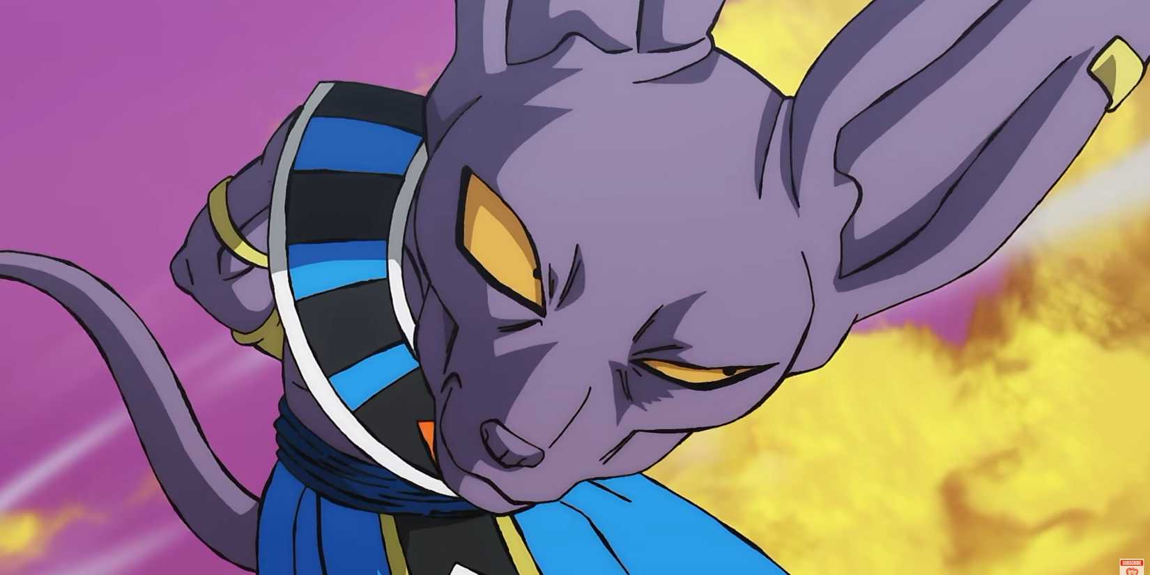 Screenshot of Dragon Ball Super Beerus shows the god of destruction with a Curious expression on his face while leaning into the frame.