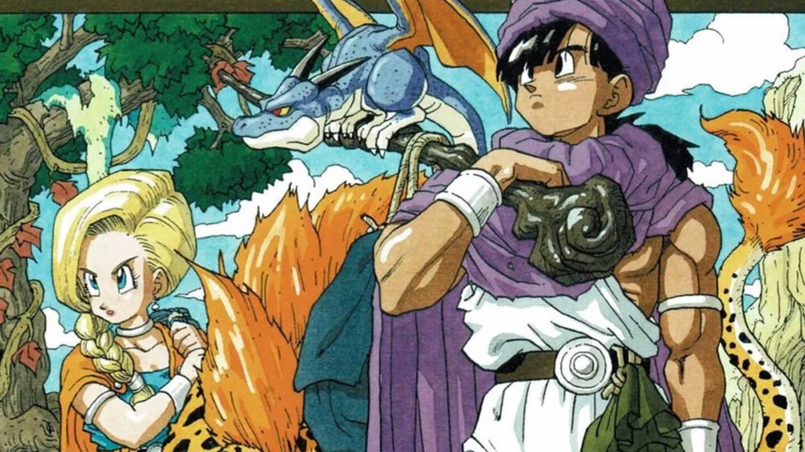 The Hero and Bianca standing next to each other in art for Dragon Quest 5.