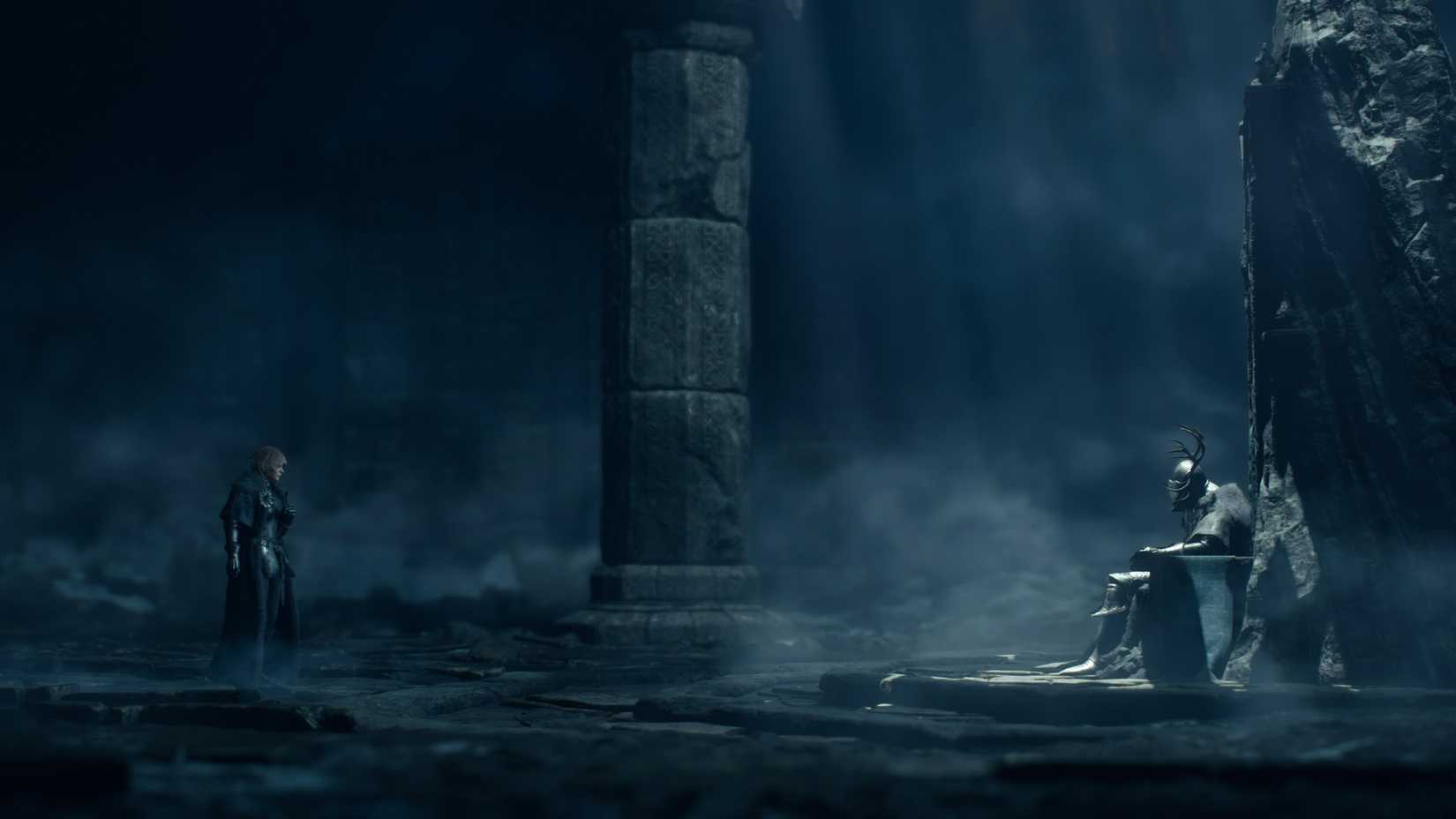 A woman stands in a dusty ruin, looking at an armored figure sitting limply on a stone throne.