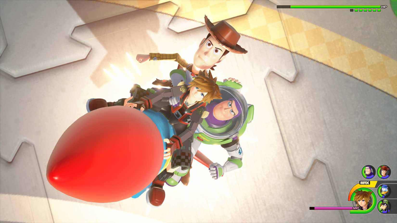 Sora, Woody, and Buzz on a rocket in Kingdom Hearts 3