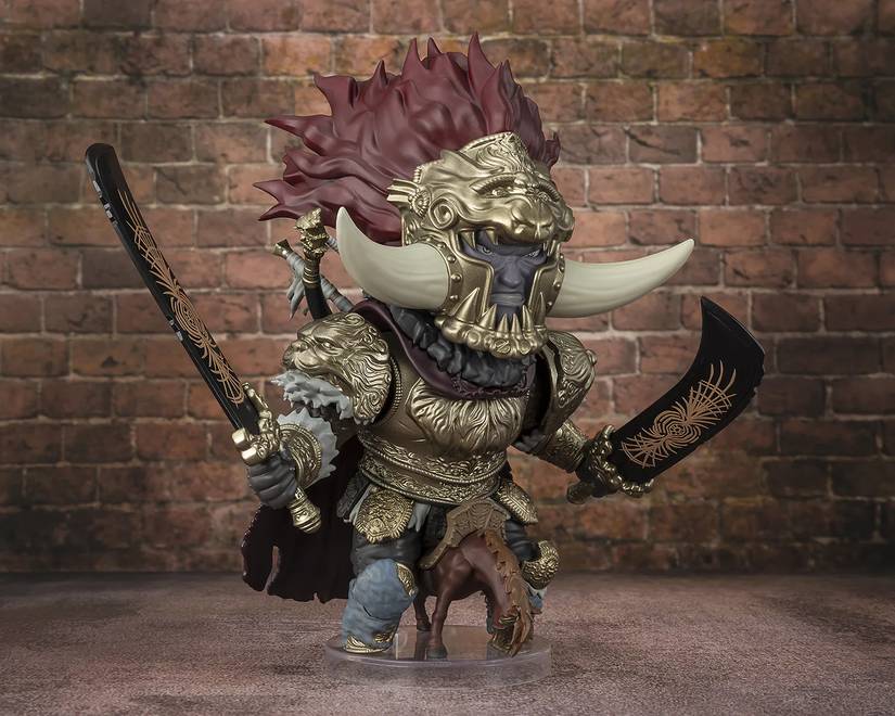An Elden Ring figure shows Starscourge Radahn riding Leonard while wielding two Starscourge Greatswords.