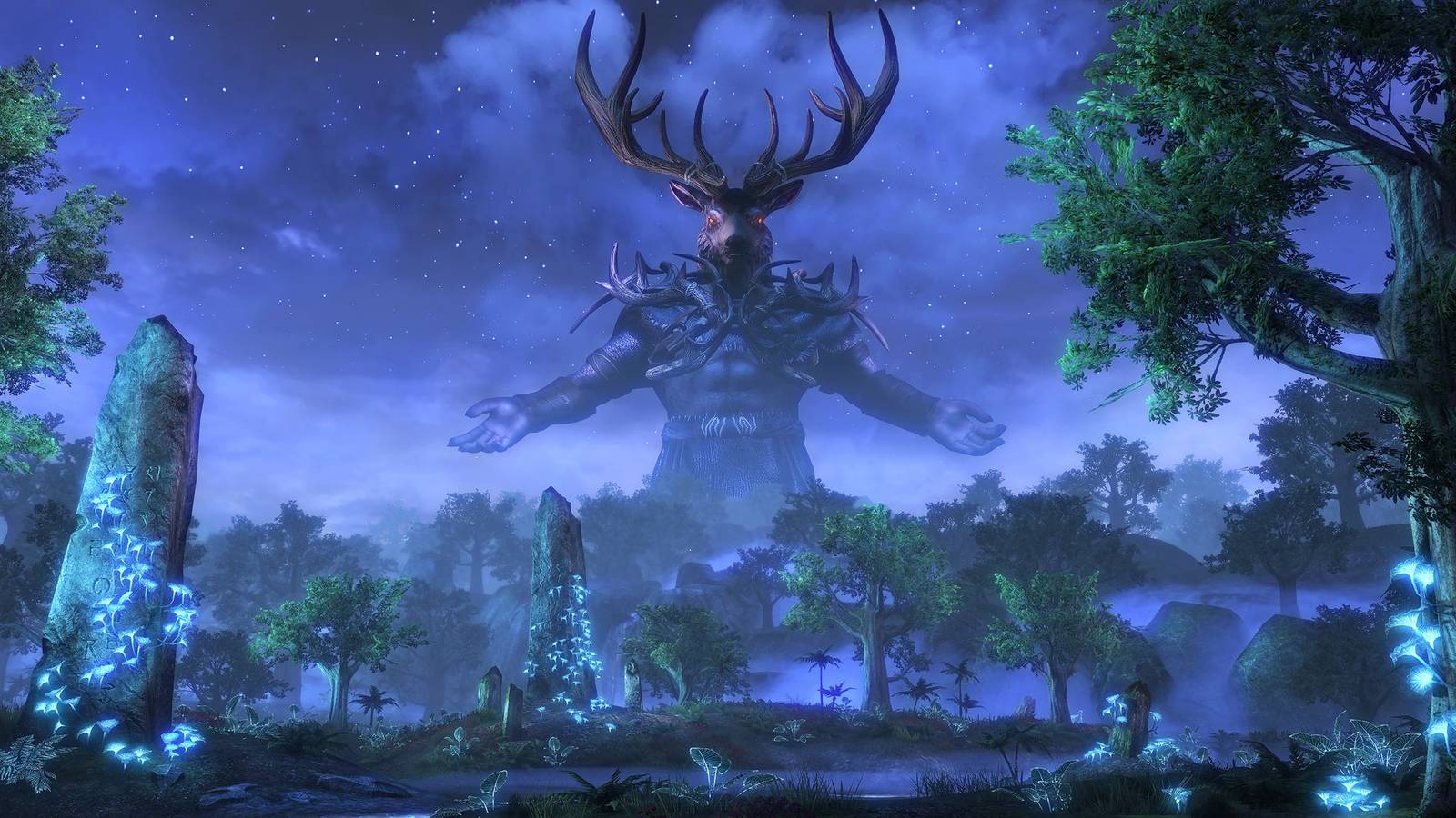 Hircine stands tall with his arms wide open over a hunting ground in The Elder Scrolls Online.