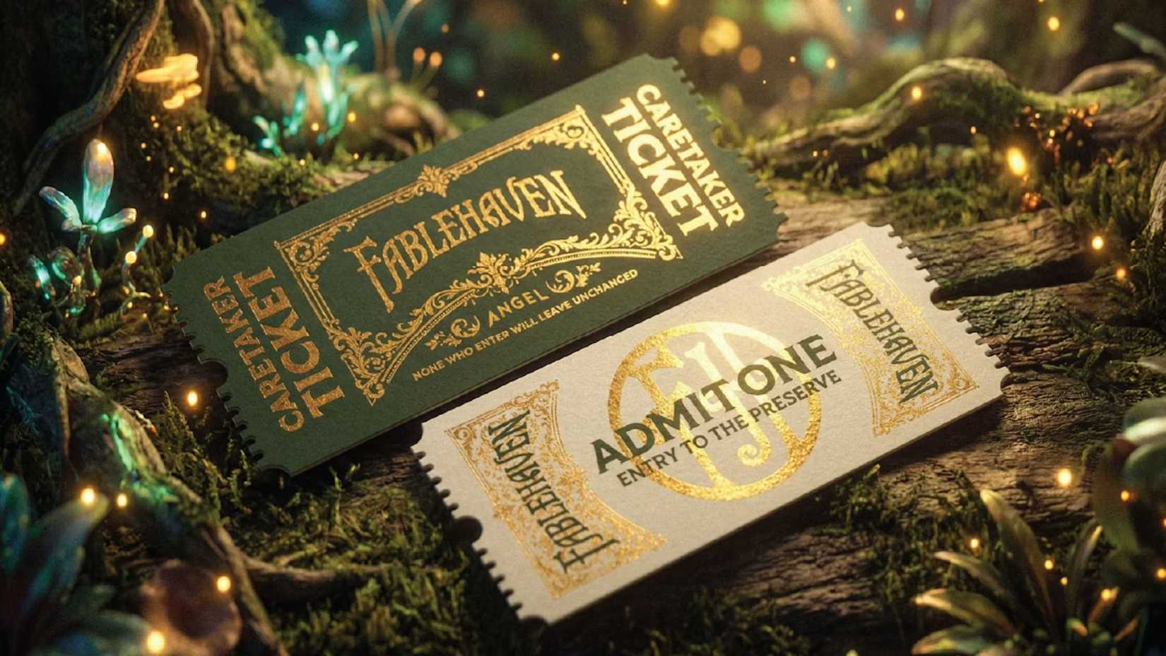 An image of paper tickets to the Fablehaven movie, set against a forest background