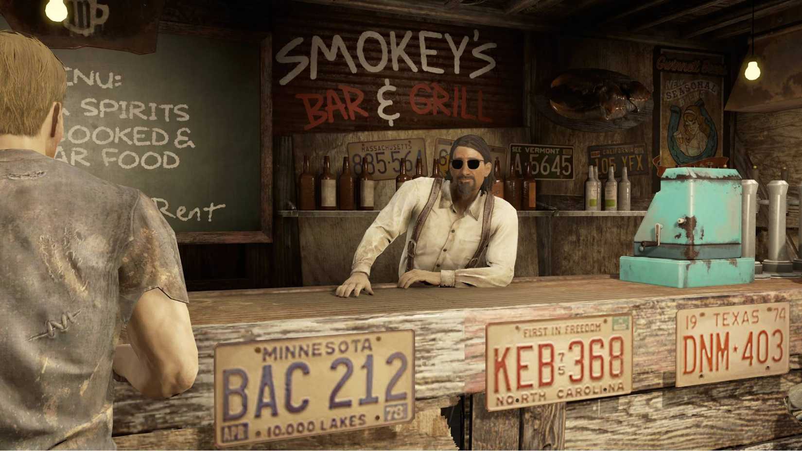 A bartender with sunglasses in the Fallout 4 Detour mod.