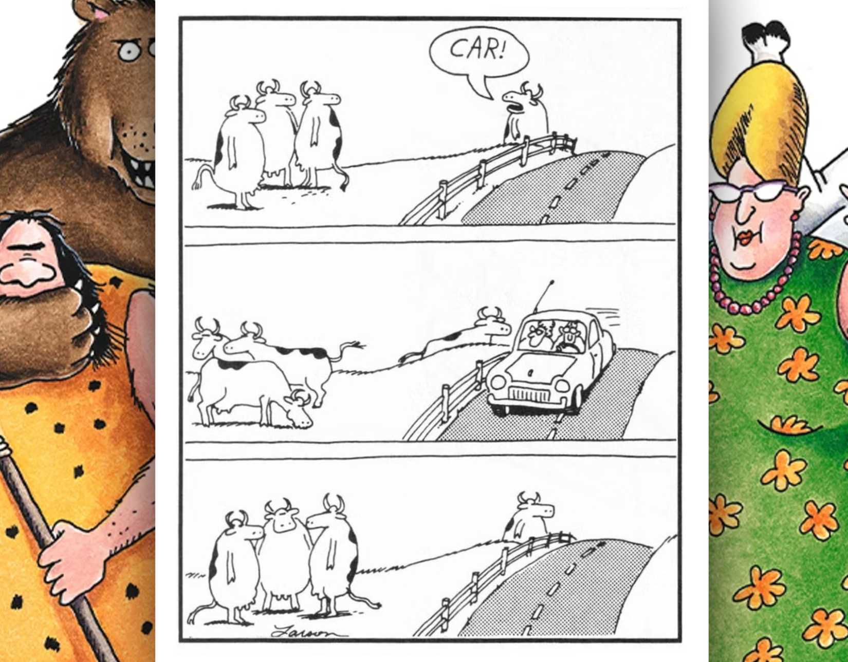 far side cows spot a car comic