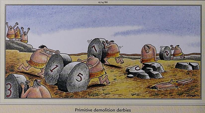 Far Side December 14, 1986, primitive demolition derby