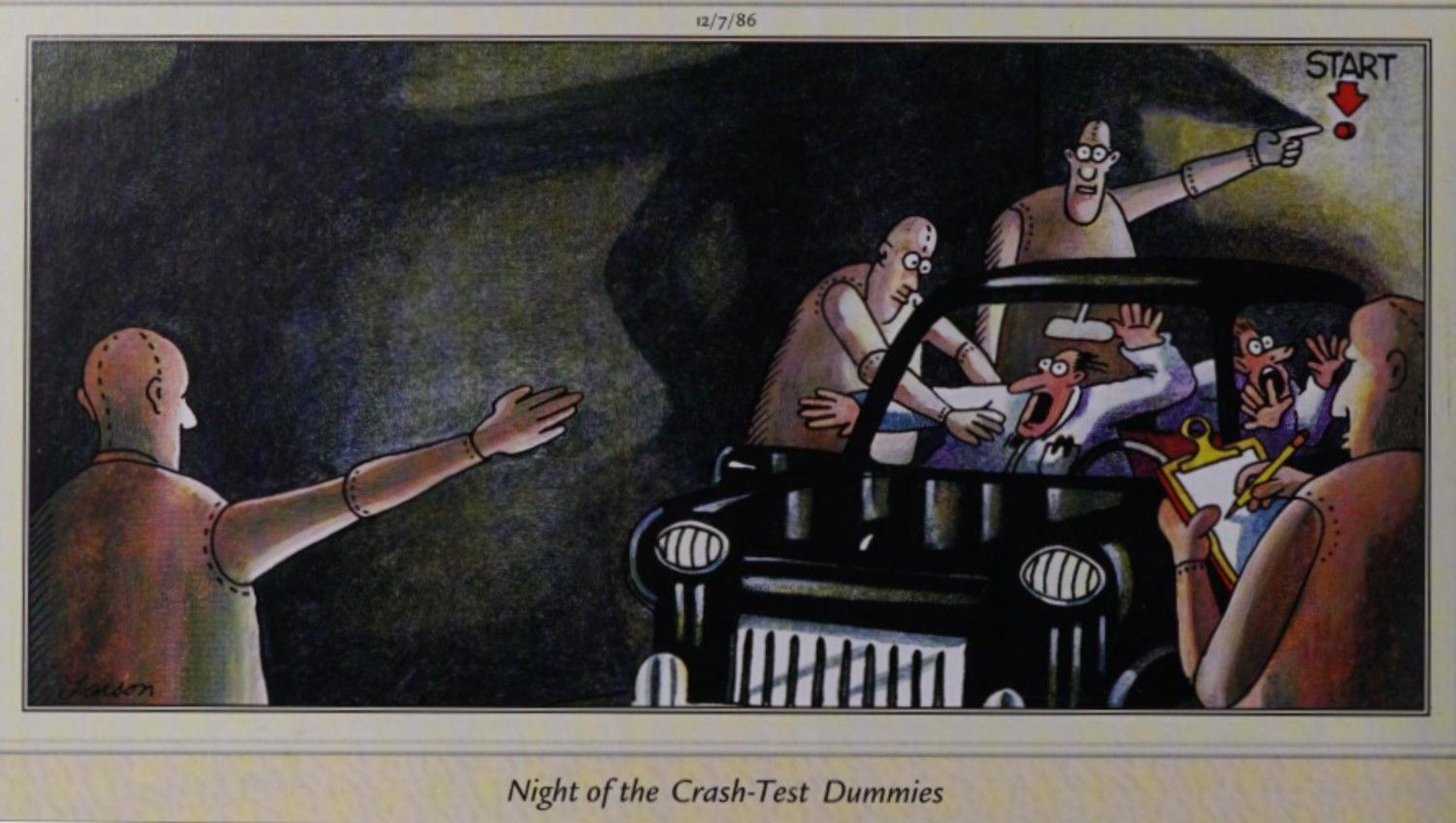 Far Side December 17 1986, Night of the Crash Test Dummies