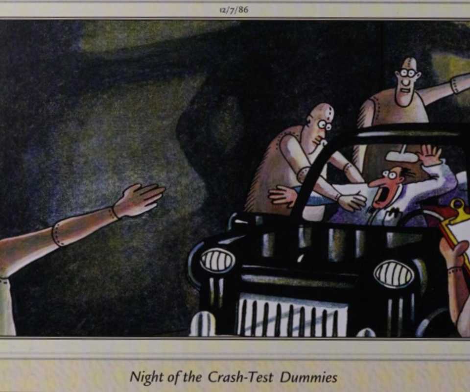 Far Side December 17 1986, Night of the Crash Test Dummies