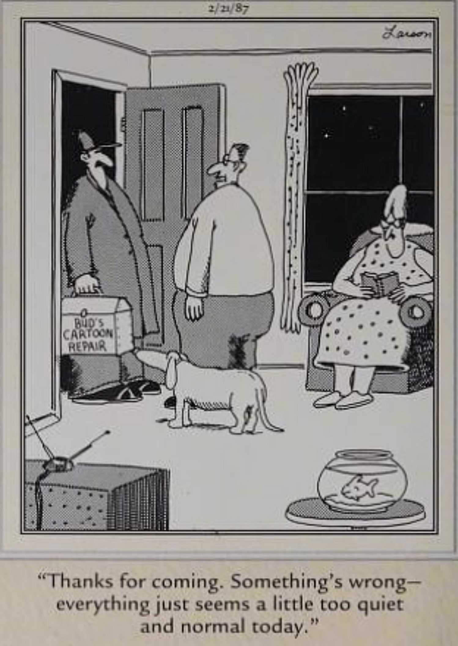 Far Side February 21, 1987, cartoon repairman arrives at the door