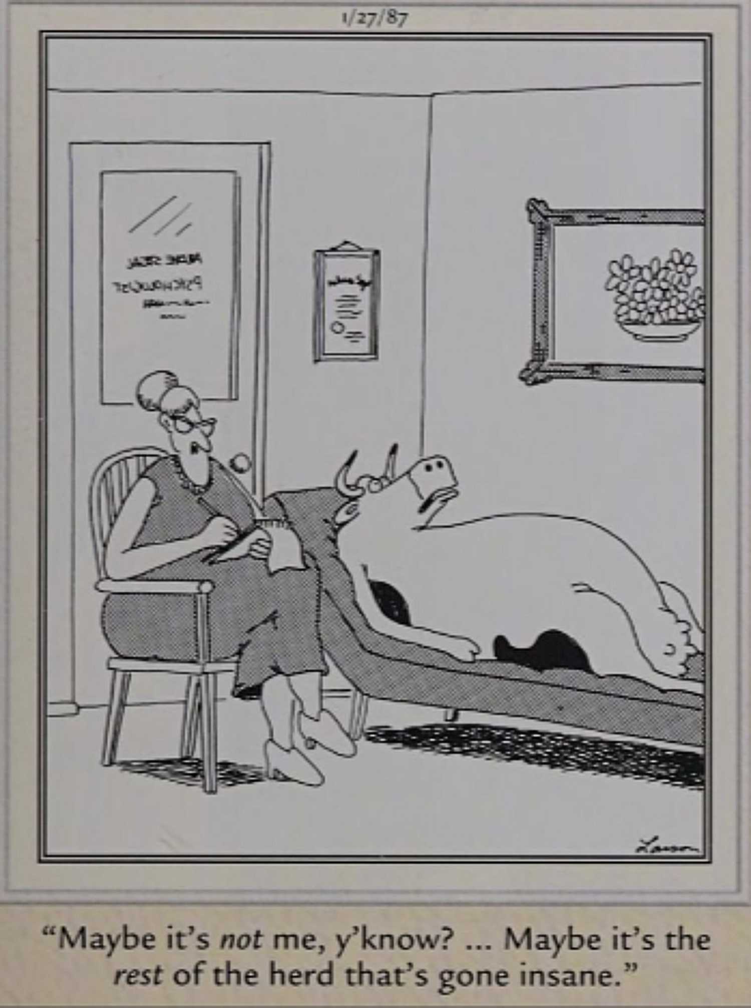 Far Side January 27, 1987, a cow at the therapist's office