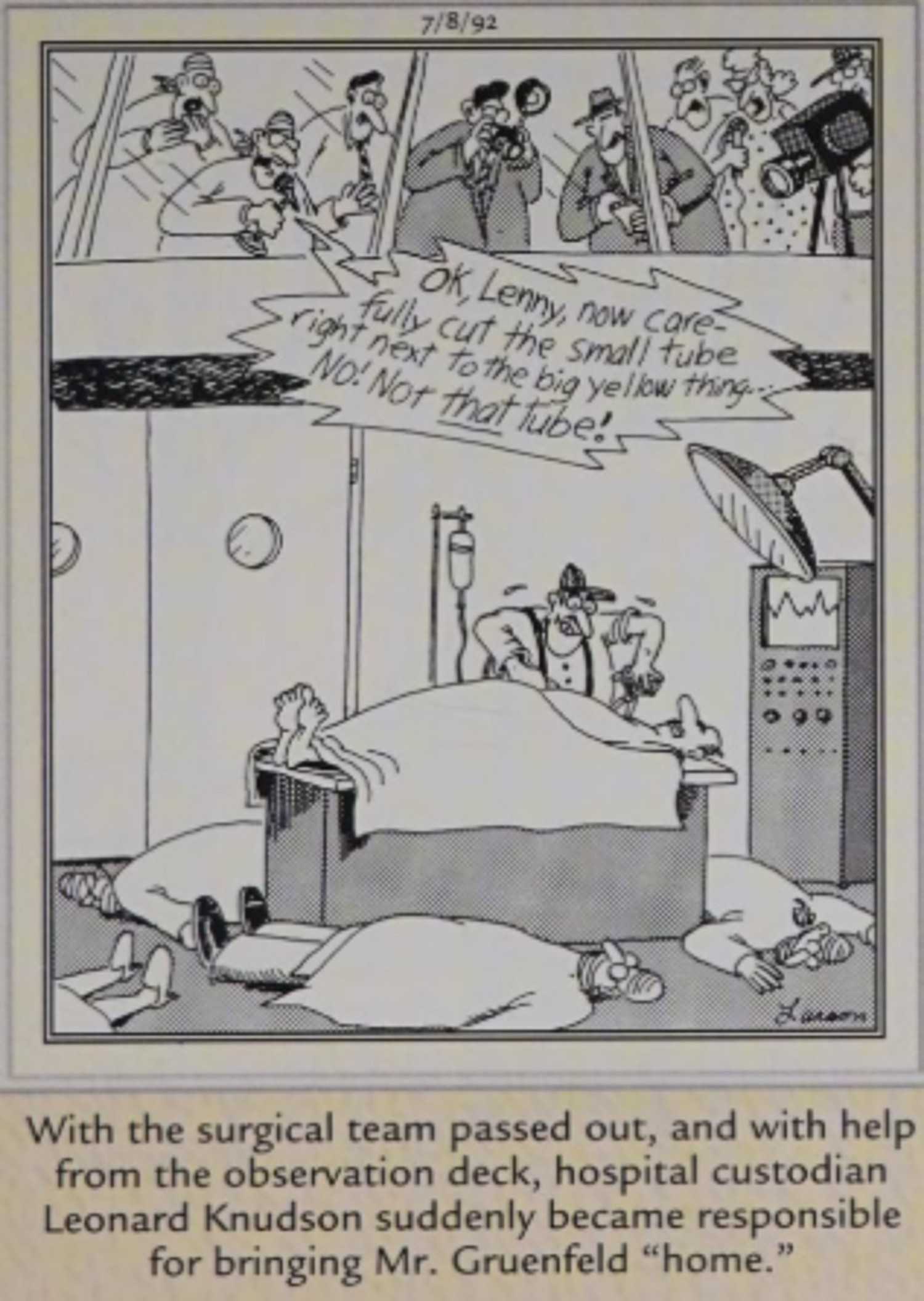 Far Side, July 8 1992, janitor finishes surgery