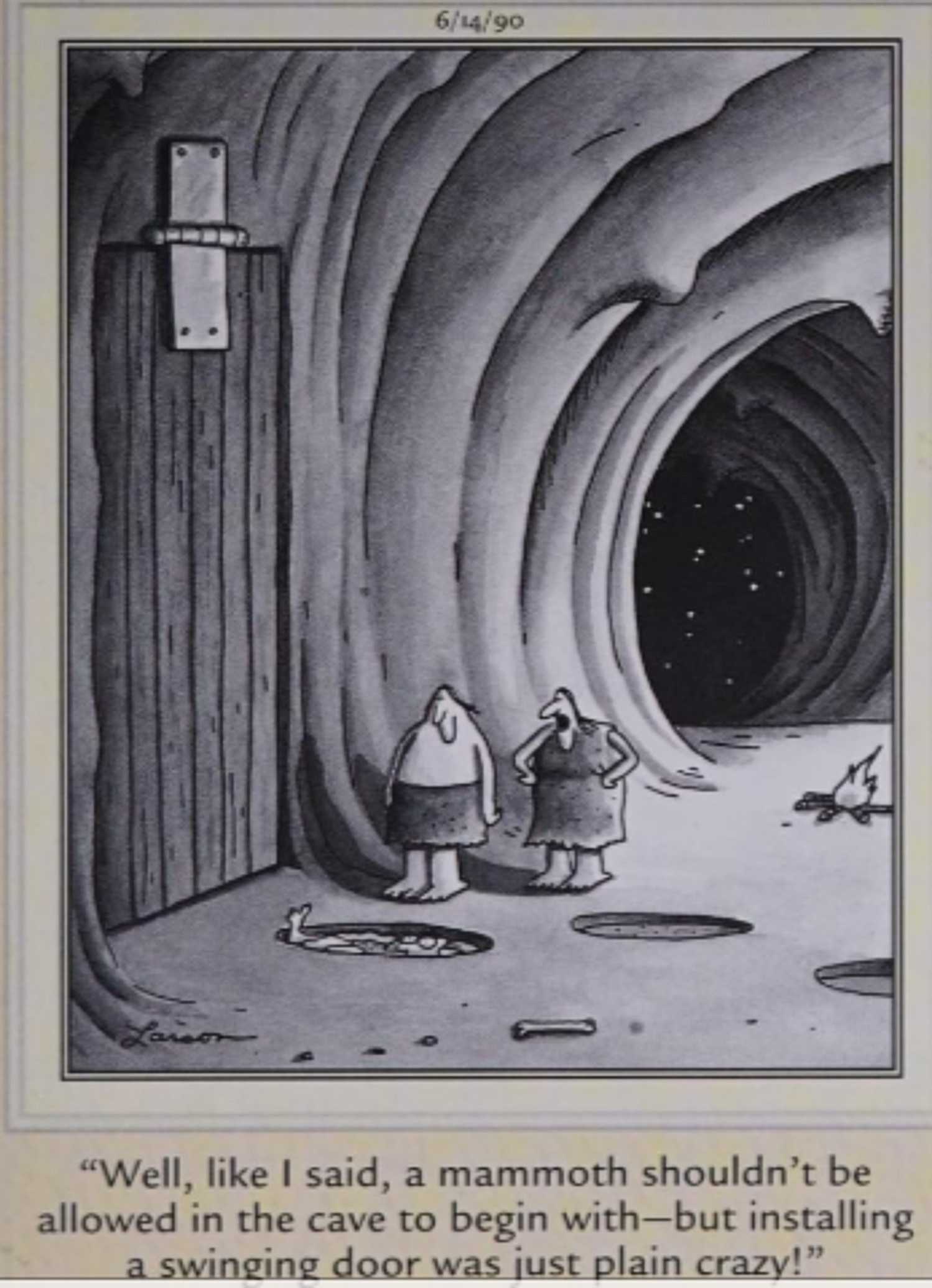 Far Side June 14 1990, cavewoman berates husband for indulging their mammoth pet