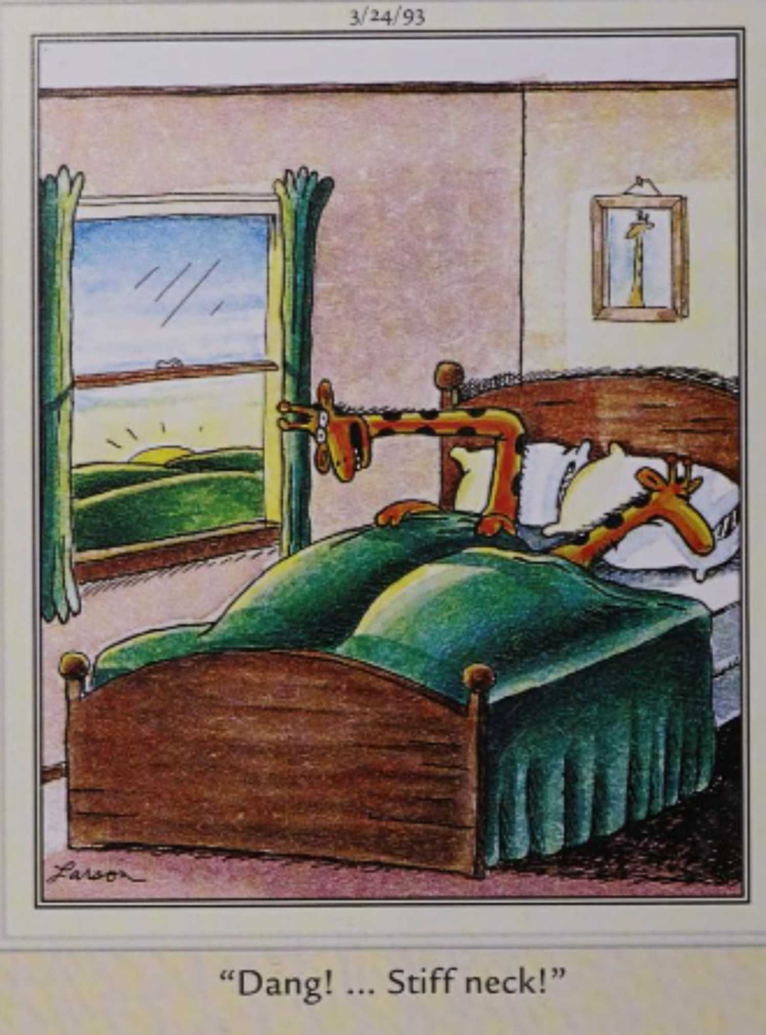Far Side, March 24, 1993, giraffe wakes up with a stiff neck