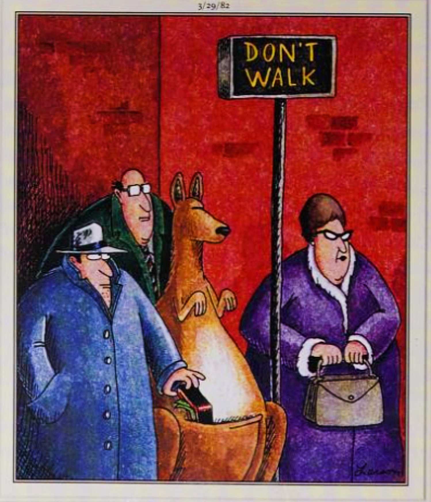 Far Side March 29, 1982, a pickpocket steals a kangeroo's wallet