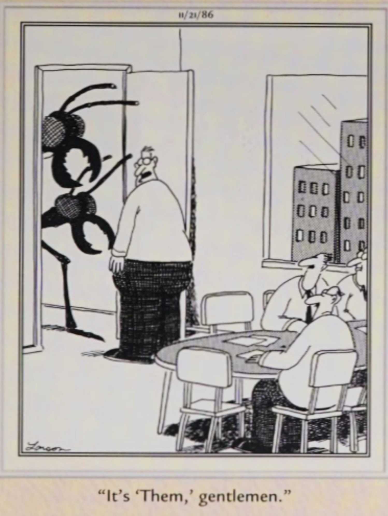 Far Side November 21 1986, a giant ant at the door of a conference room