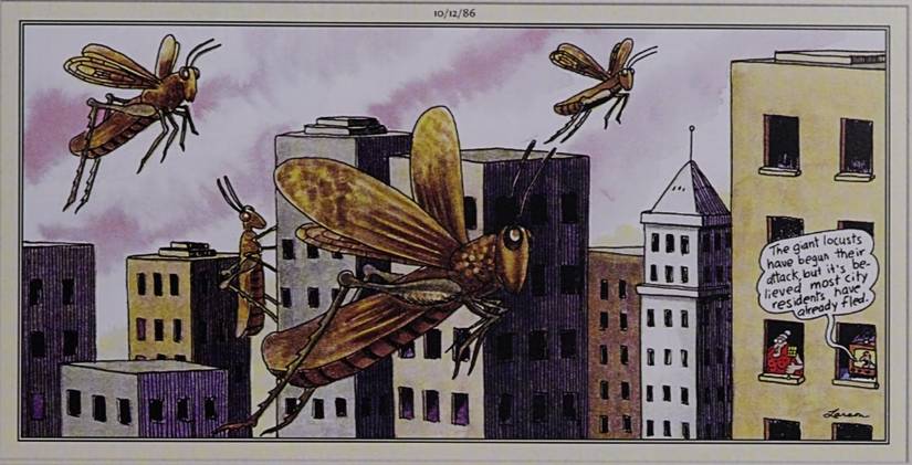 Far Side October 12, 1986, giant locust descend on a city