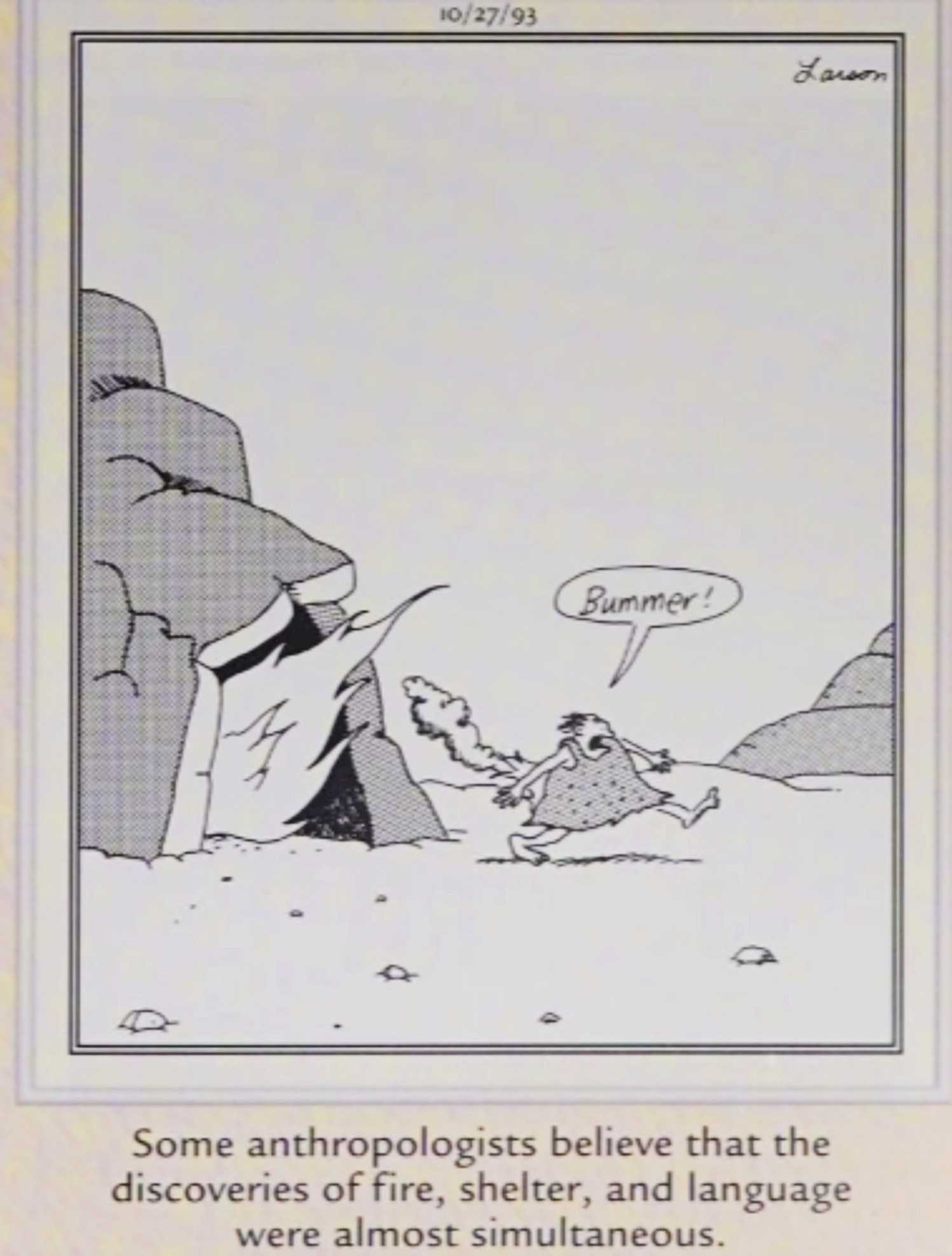 Far Side October 27 1993, a caveman invents language and fire at the same time