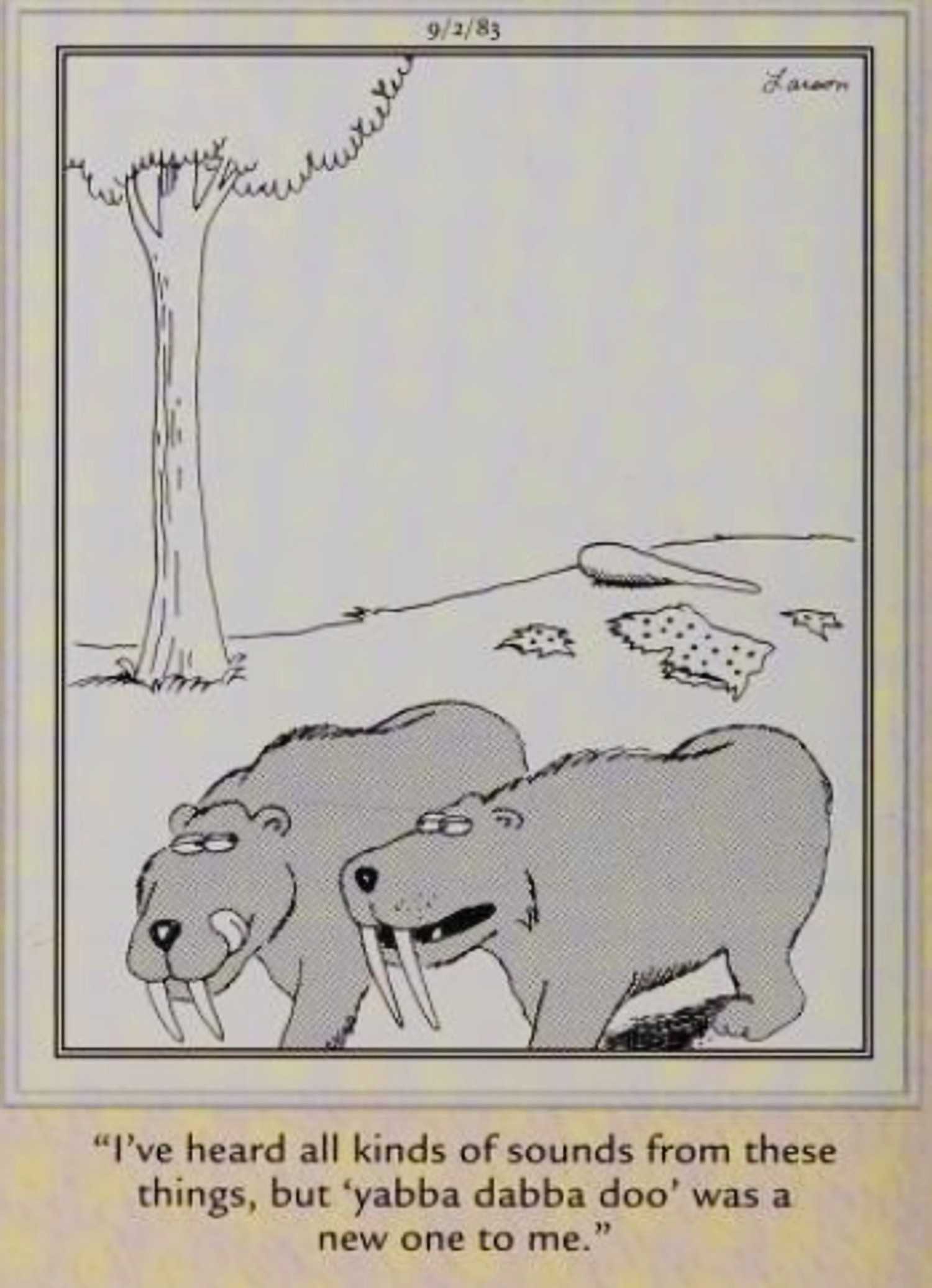 Far Side, September 2, 1983, sabertooth tigers after eating Fred Flinstone