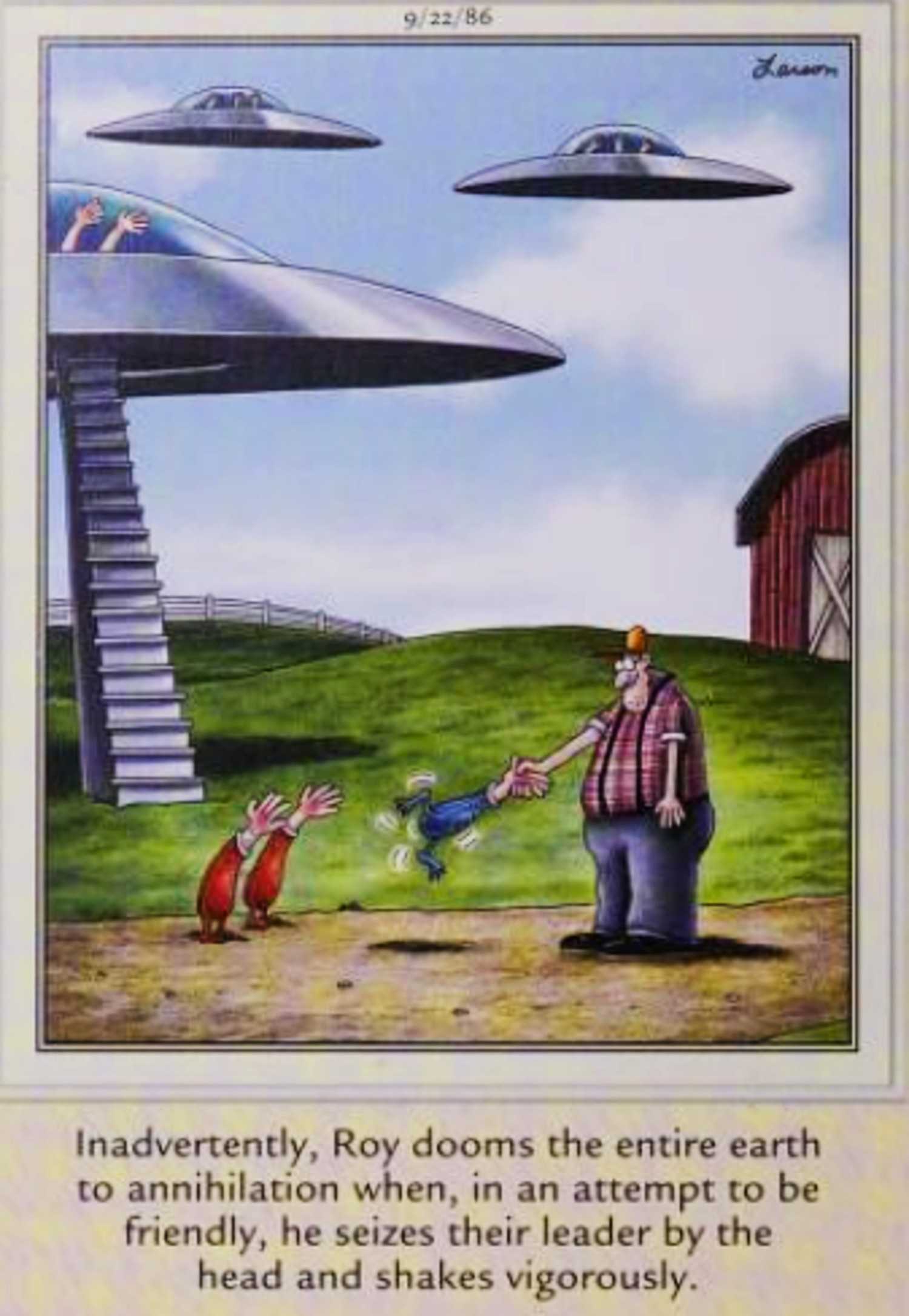 Far Side September 22 1986, a man shakes an hand-like alien, causing an intergalactic incident