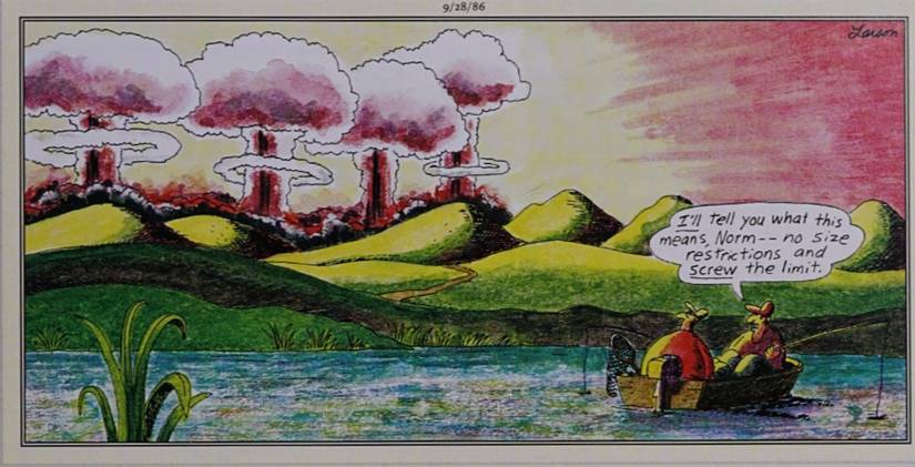 Far Side September 28, 1986, men fishing see nukes going off in the distance
