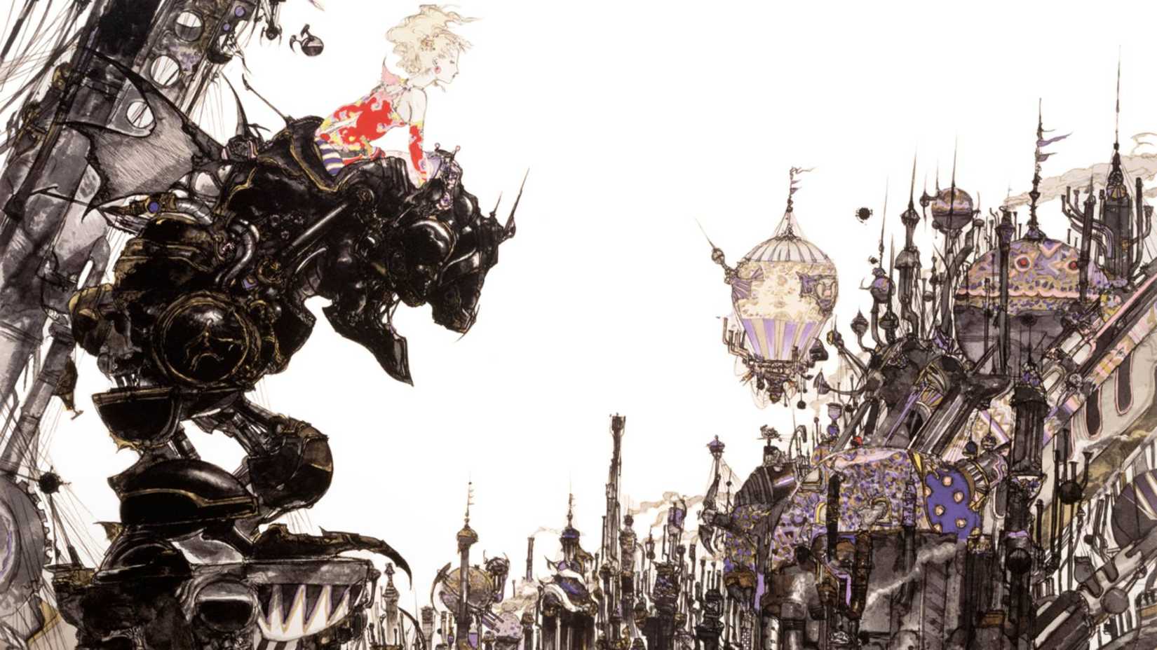 Terra Branford on a mech looking out at a city in art for Final Fantasy 6.