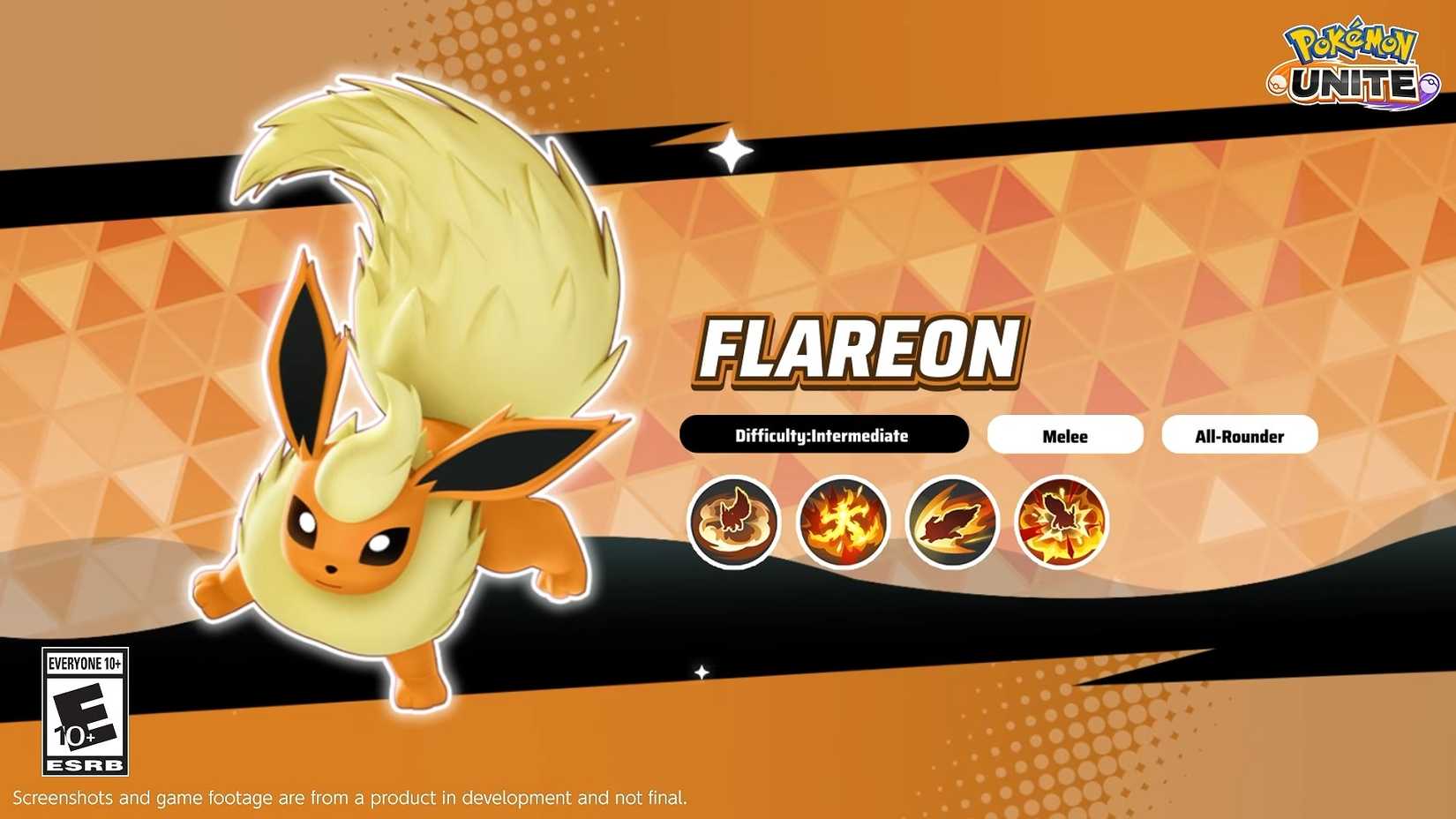 Flareon is highlighted as an All-Rounder Melee Unite in Pokémon Unite.