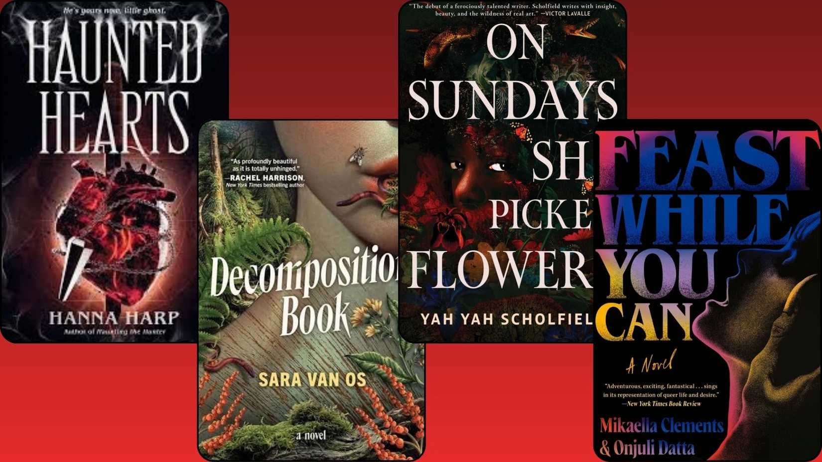 Four ghost horrormance book covers are on a red gradient background