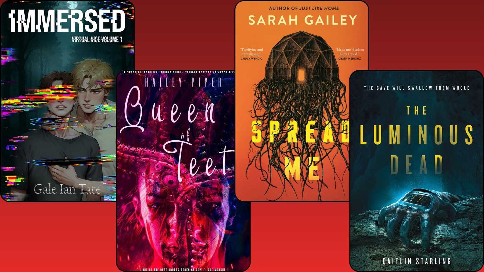 Four sci-fi horror book covers are on a red gradient background