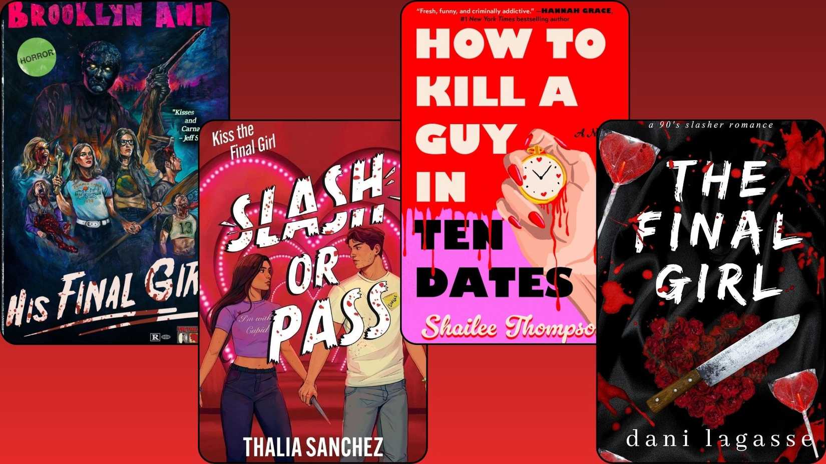 Four slasher horrormance book covers are in front of a red gradient background
